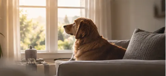 Illustrative photograph of a dog resting indoors at home. Not a patient of this practice.
