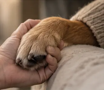 Illustrative close-up of a person gently holding a dog's paw. The person is not Dr. Ajeena, and this is not a patient visit.