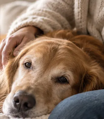 Illustrative scene of a family sitting with a dog on a sofa at home. Not a client, patient, or veterinarian of this practice.